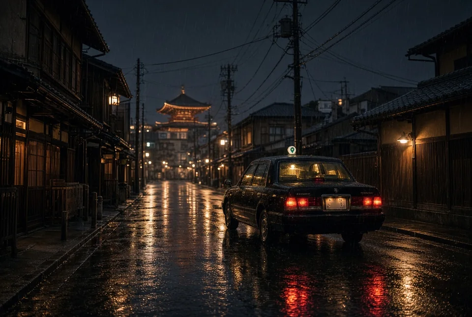 Illustration of a taxi on a rainy Japanese street at night